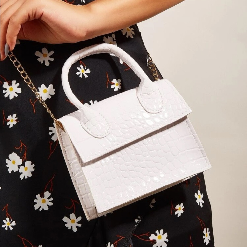White Faux Leather Croc Mini Crossbody Bag